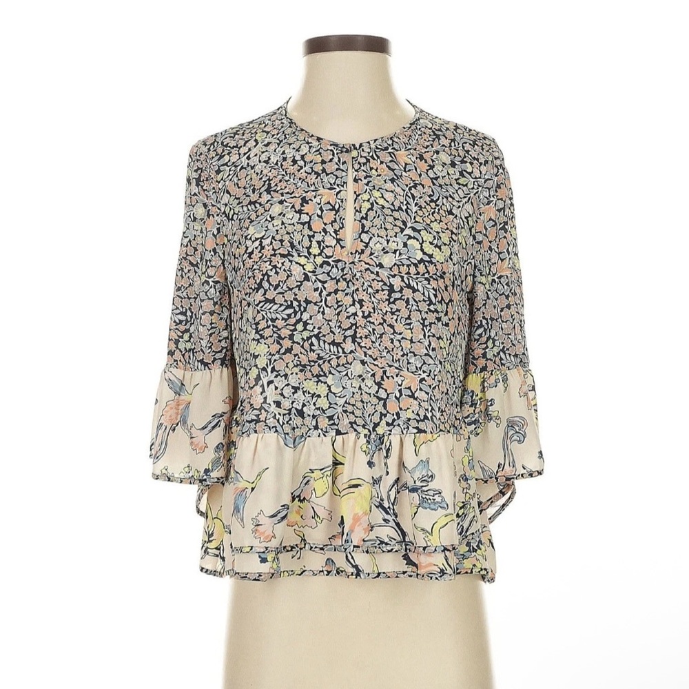 BCBGMAXAZRIA Immune Woven Ruffle Sleeve Floral Top Size Small Fairy Boho Office